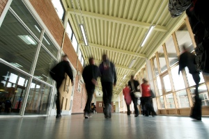 Pupils in a newly built school building